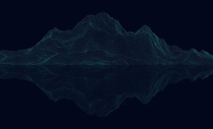 A digital graphic of a mountain rage wireframe over a black background.